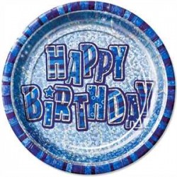Platos Happy Birthday azul glitz